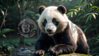雾中顽皮熊猫幼崽爬树探索新世界