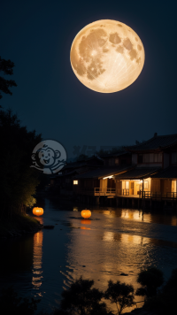 中秋月下古村宁静夜景照