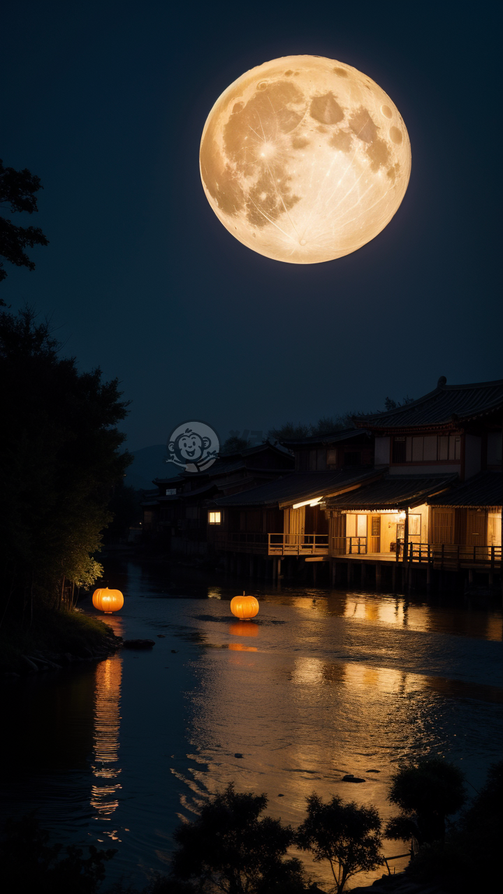 中秋月下古村宁静夜景照