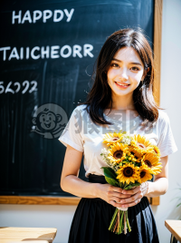 教师节快乐：老师笑容满面手持鲜花的照片