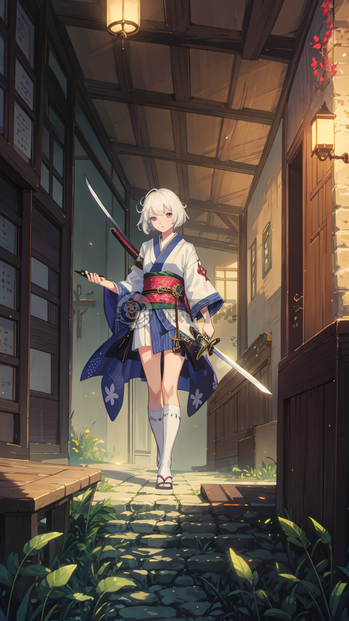 日本少女持剑战，白发紫眸闪蓝焰