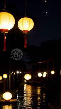 《中秋夜色中国村庄纸灯笼》