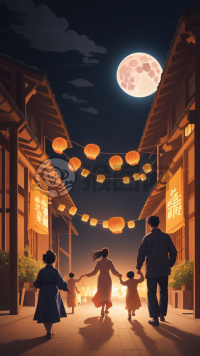 中国乡村中秋夜：家人放飞天灯赏明月