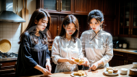 传统中秋：家人在厨房共享月饼时刻