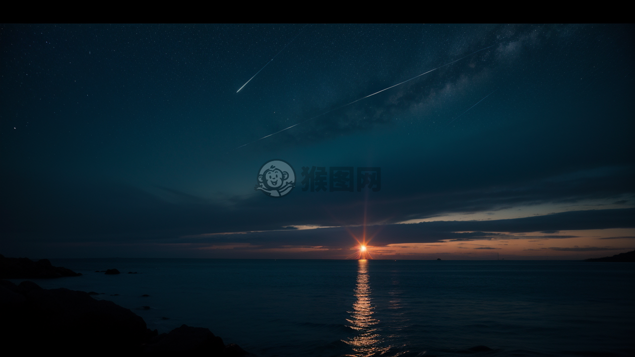 月下静海之夜的照片：静谧星空下的波光粼粼大海