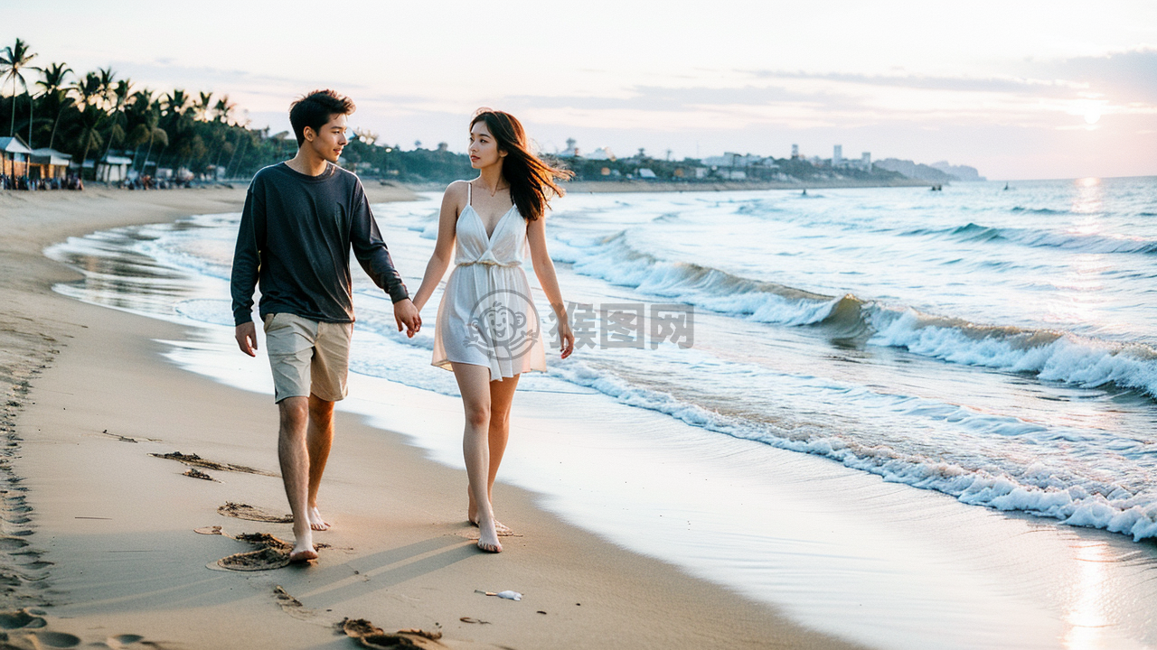 黄昏沙滩漫步的年轻情侣