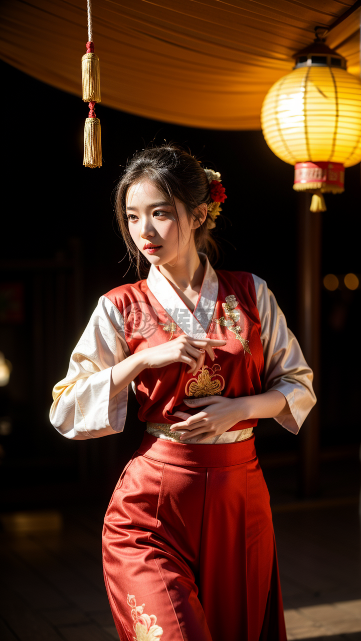 红汉服少女灯光下的绝美舞蹈照