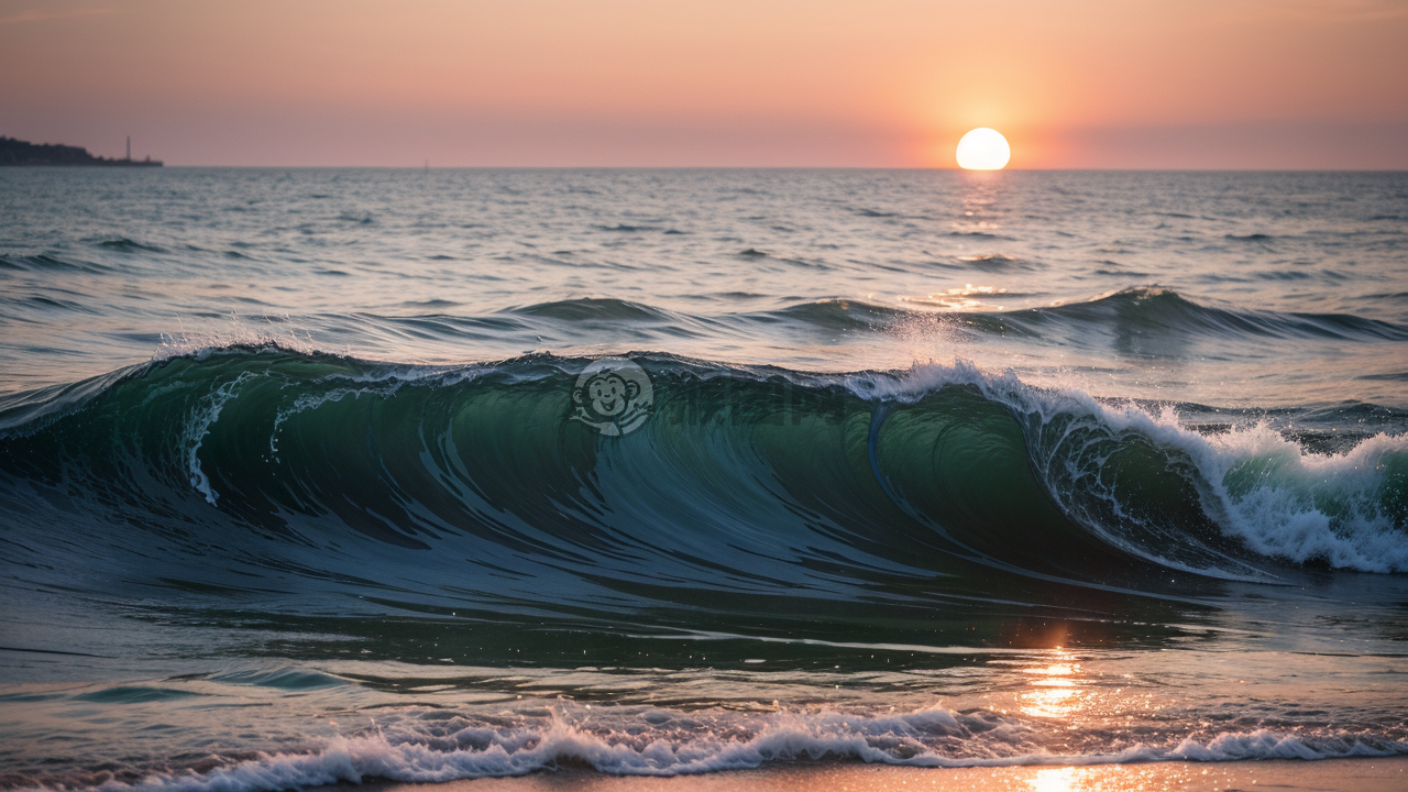 夕阳下海面绽放的暖色光华