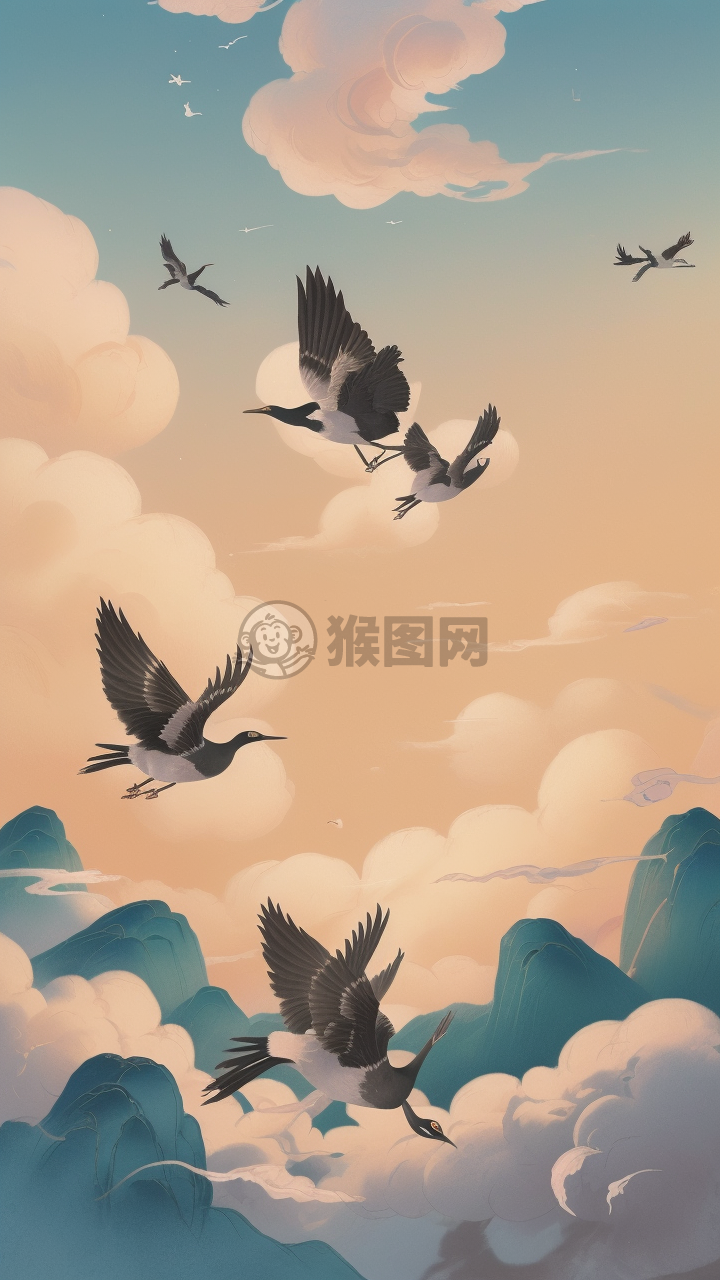空中花影之飞行鹊鸟