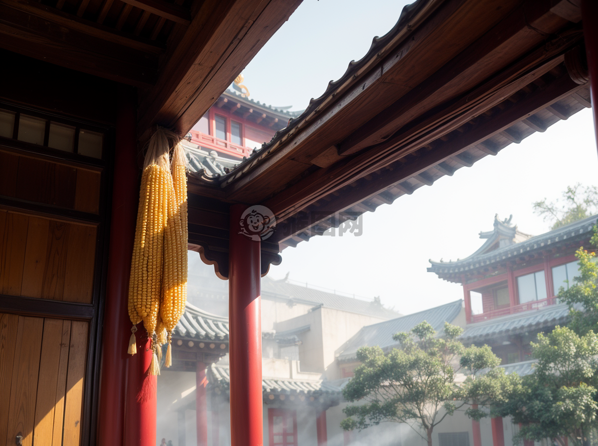 传统中国院子晨曦光影下玉米辣椒悬挂的美妙画卷