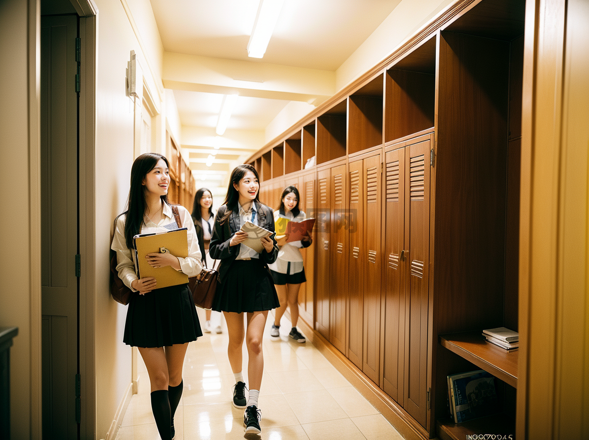 “高中走廊里一群学生的活力时刻”