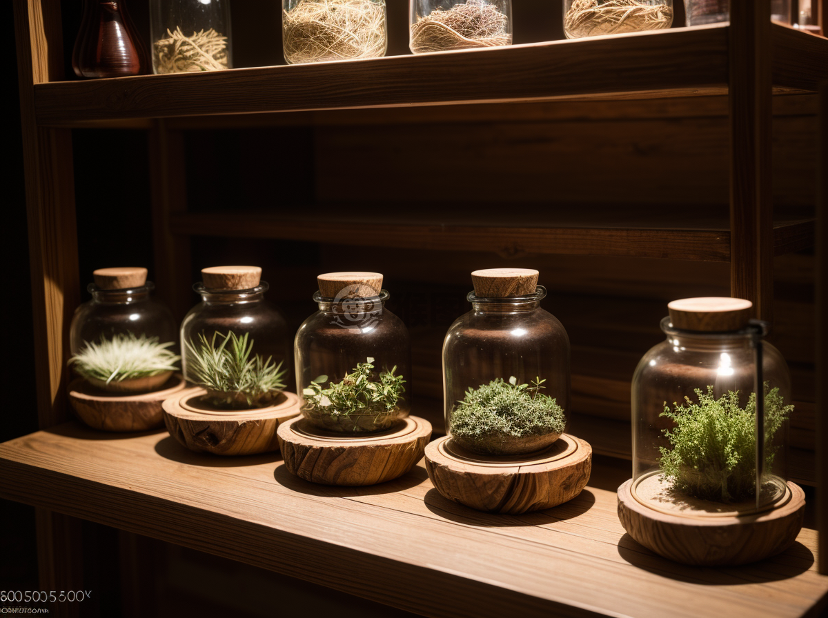 传统中药铺子里的干燥草药根茎展示。