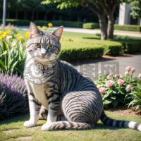 花园中的灰色虎斑猫与盛开花朵的亲密合影