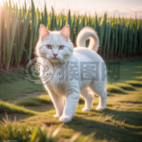 白猫漫步草地风景照