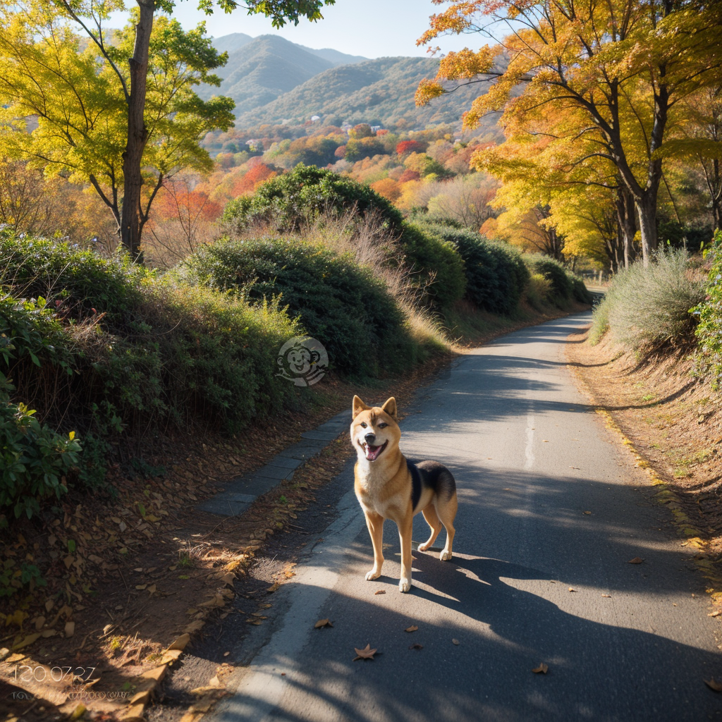 秋山行犬影，叶落映照辉