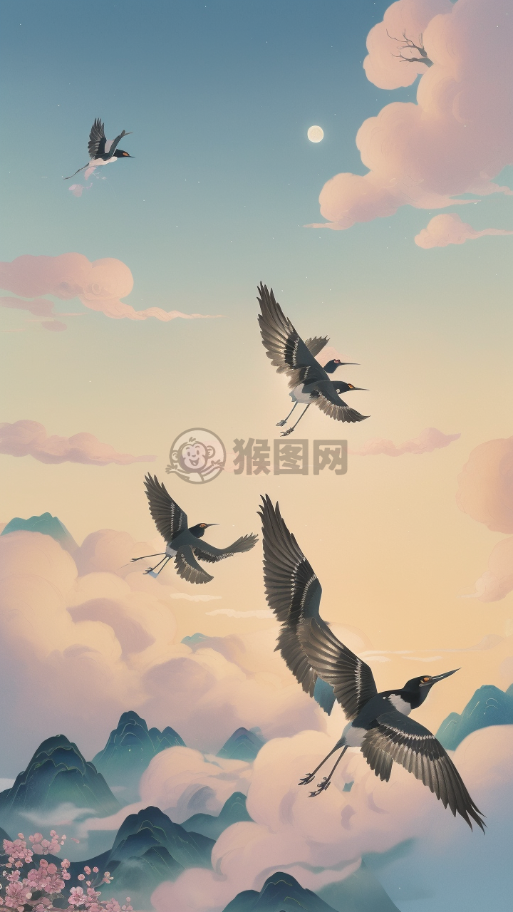 空中飞翔的两只喜鹊：灵动画作和春之舞者