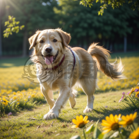“金色牧场犬欢快奔跑写真”