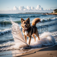 海滨小犬狂舞影  |  海滩萌犬沙舞影