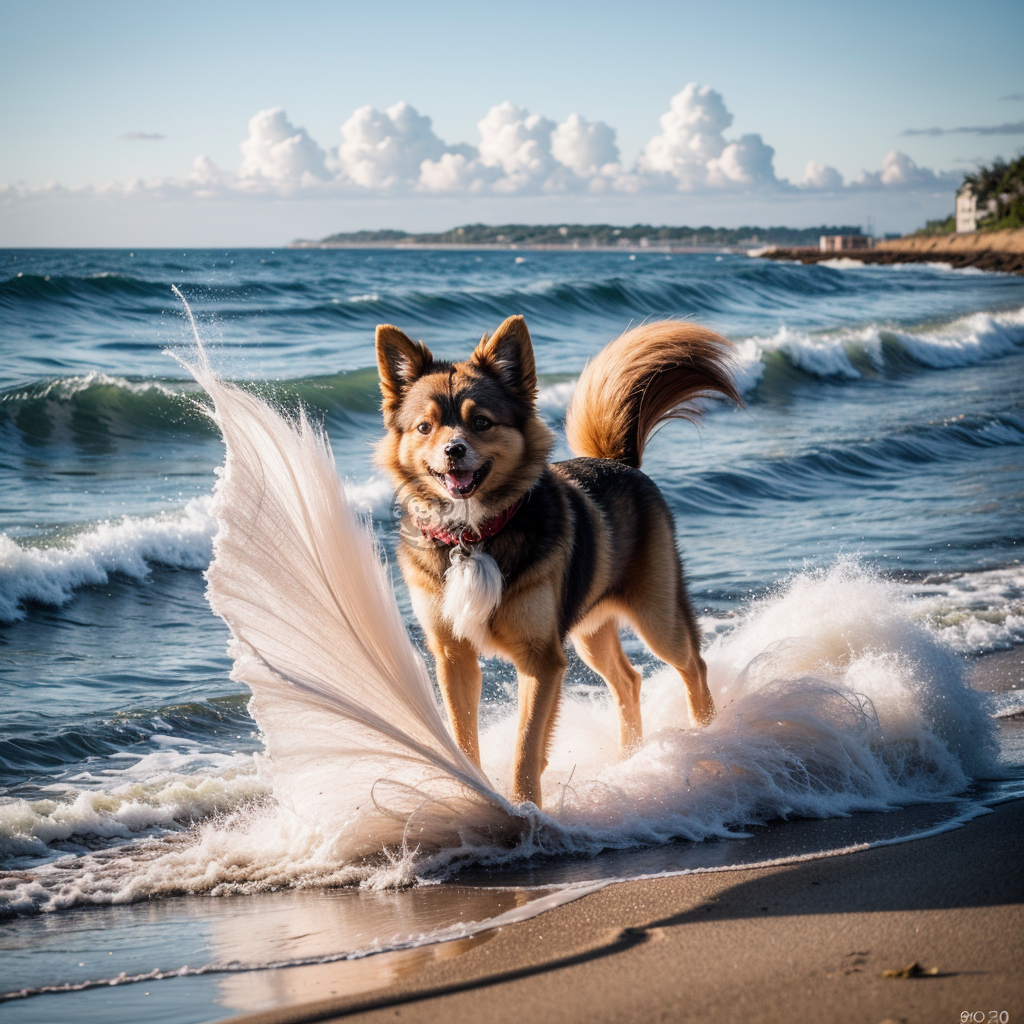 海滨小犬狂舞影  |  海滩萌犬沙舞影