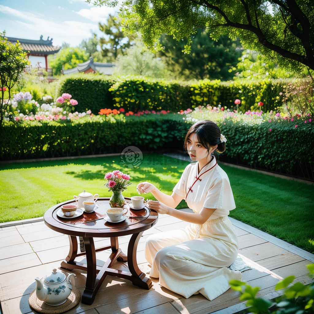 园中茶香，菊影婆娑。