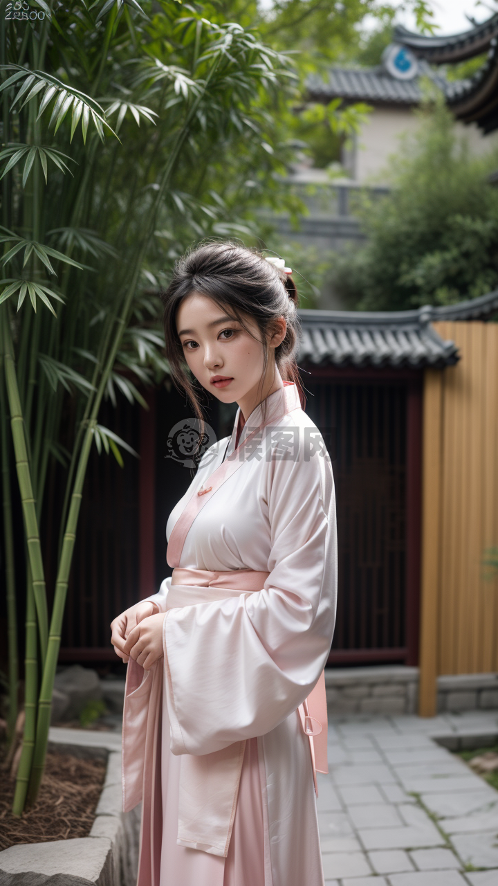《穿越古巷的粉色汉服少女》