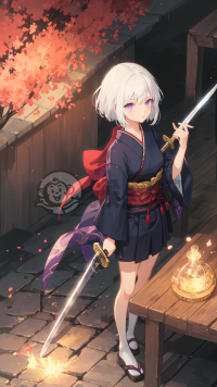 日本少女持剑战壁纸，白发紫眸闪耀光。