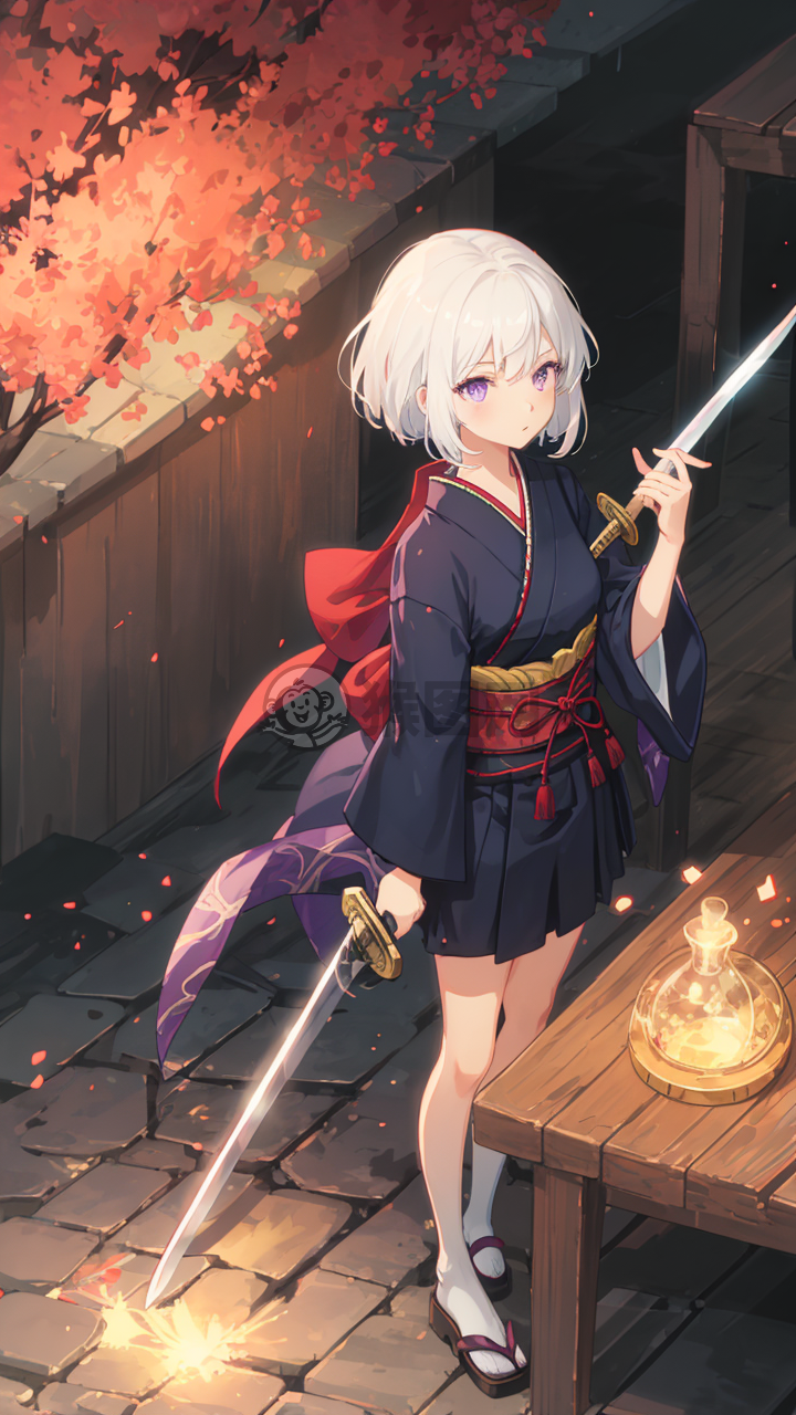 日本少女持剑战壁纸，白发紫眸闪耀光。