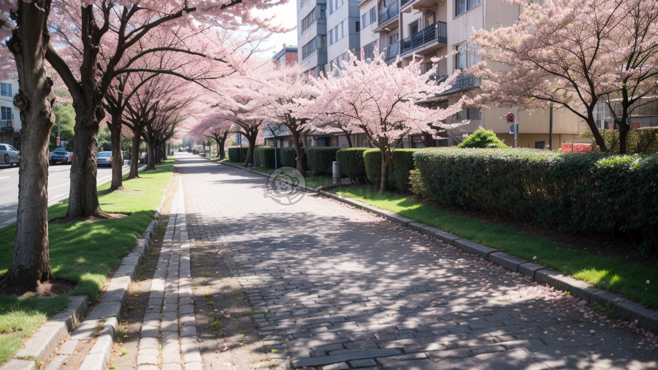 樱花盛开洒落石板路
