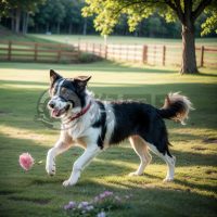 草地上的边境牧羊犬叼飞盘，细节如生。
