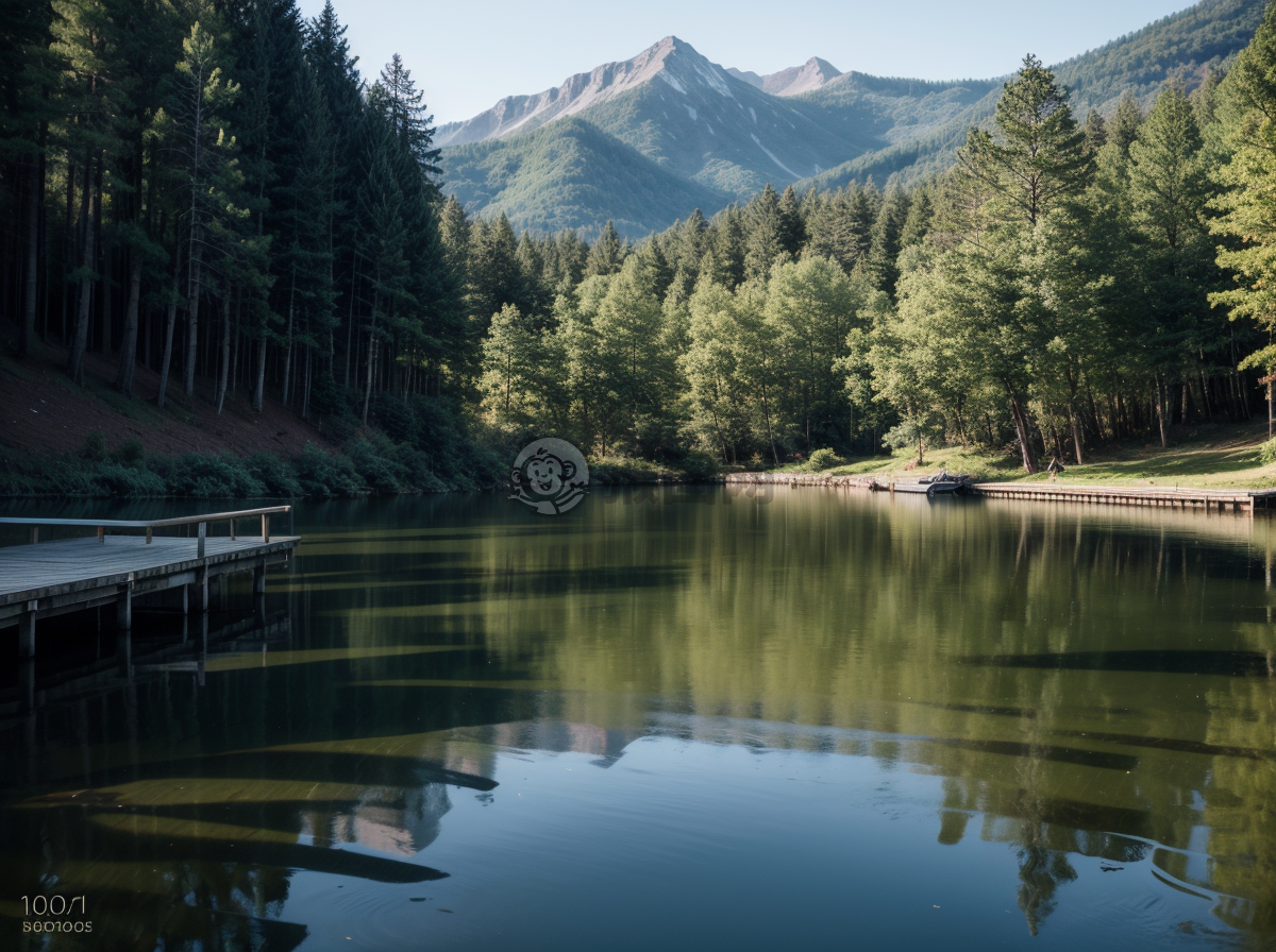 山湖宁静：木质小桥入水之景