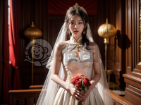 《华美中式婚礼照：黑发红冠新娘》