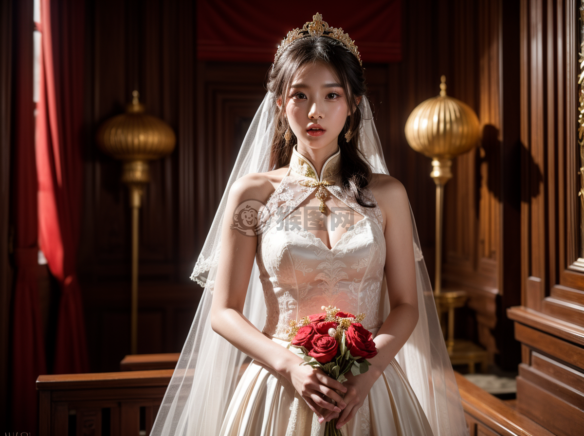 《华美中式婚礼照：黑发红冠新娘》
