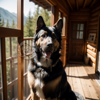 《守望者：乡村小屋入口的巨型德国牧羊犬》