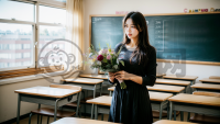 教室女教师与学生鲜花互动：Canon EOS 5D Mark IV 佳作