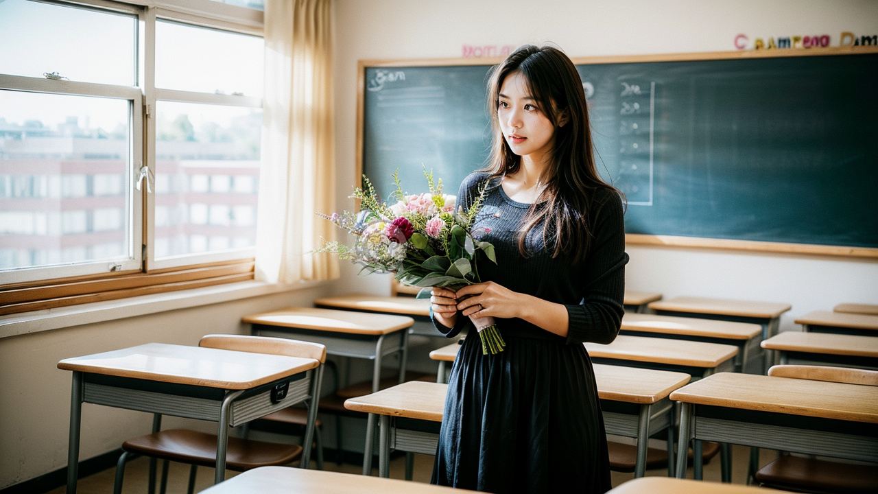 教室女教师与学生鲜花互动：Canon EOS 5D Mark IV 佳作
