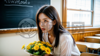 教室中女教师与学生共享鲜花盛宴
