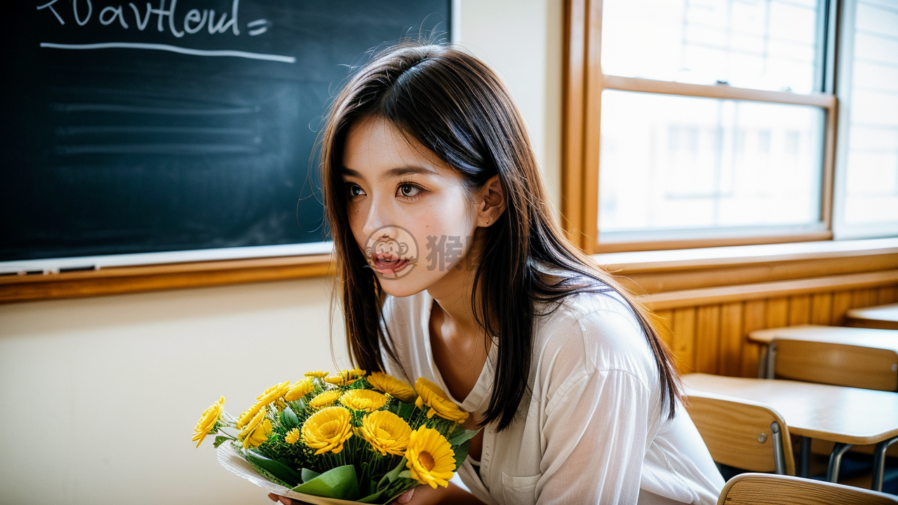 教室中女教师与学生共享鲜花盛宴