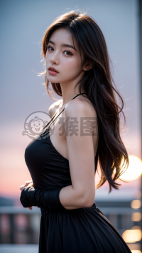 夜幕下完美身材女孩奢华时装秀照相片：黑裙与精致皮肤
