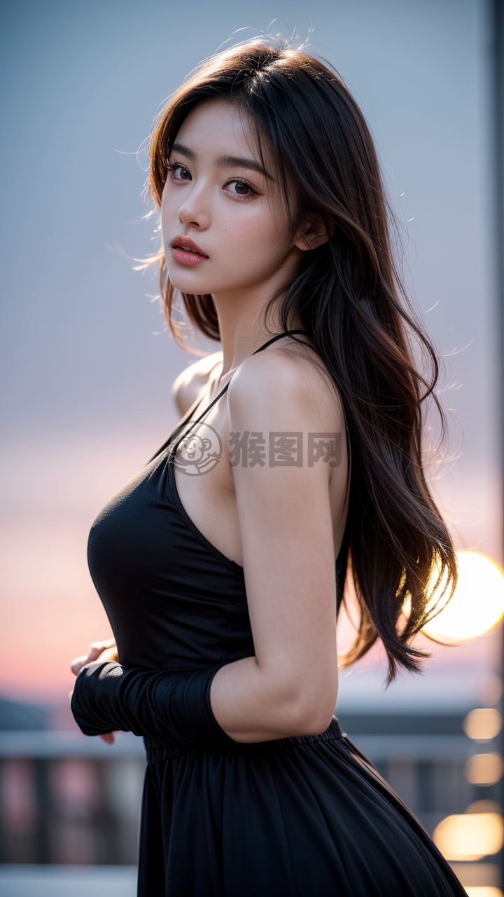 夜幕下完美身材女孩奢华时装秀照相片：黑裙与精致皮肤