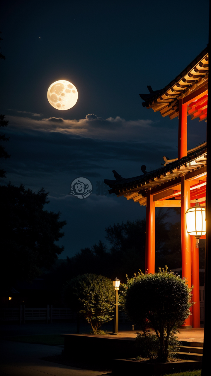 月夜亭影，满月云光