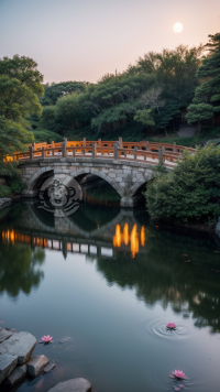 月下古园：石桥荷花