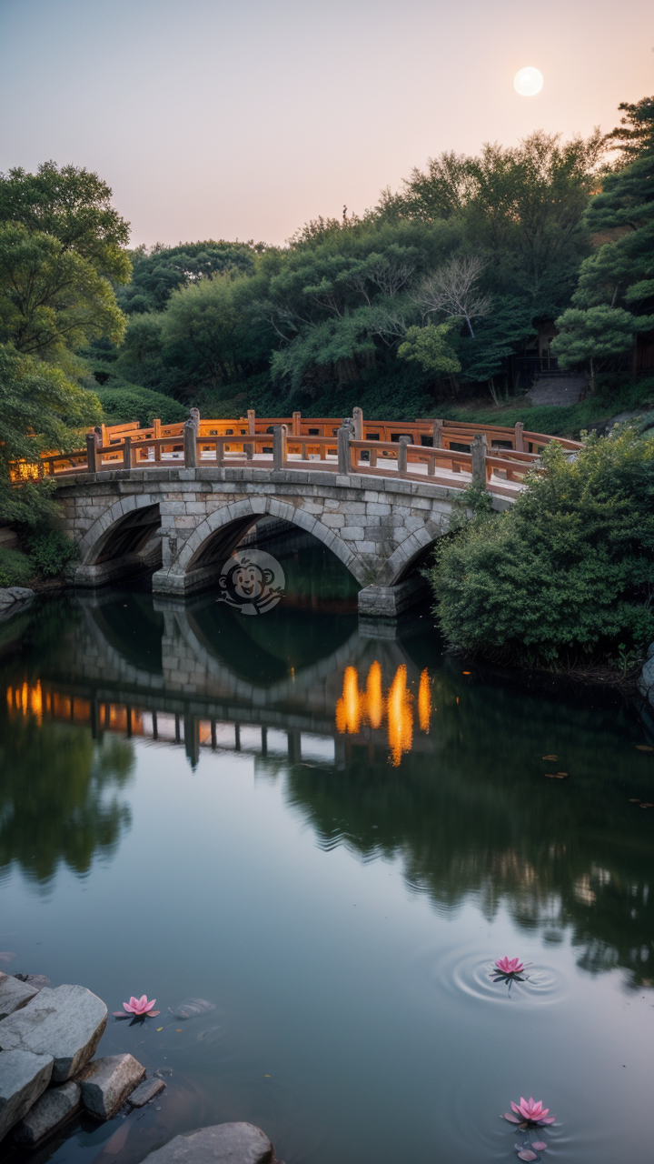 月下古园：石桥荷花