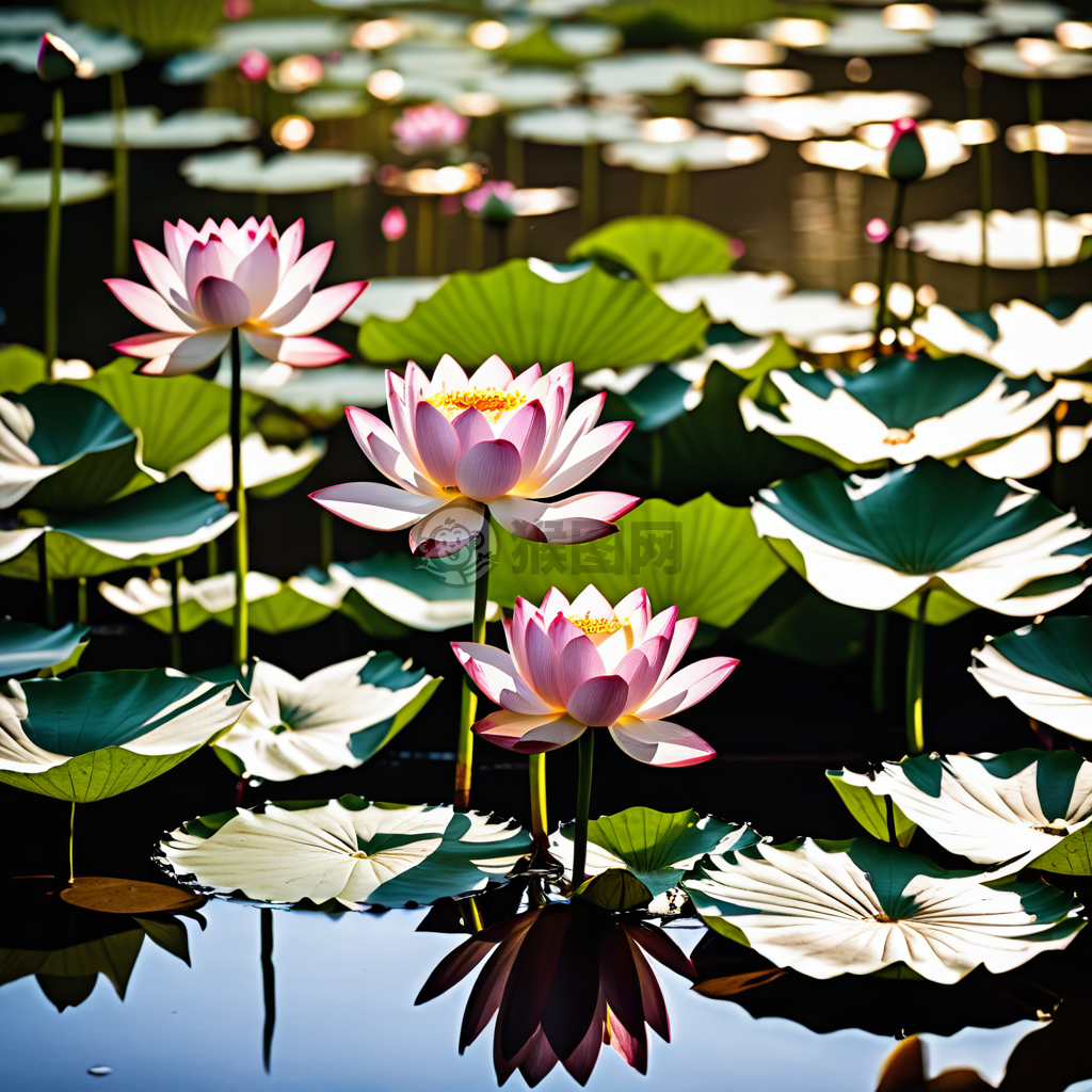 日出荷花池畔：金色阳光洒满粉白花瓣