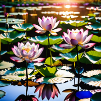 晨光映照静池，莲花盛开如画