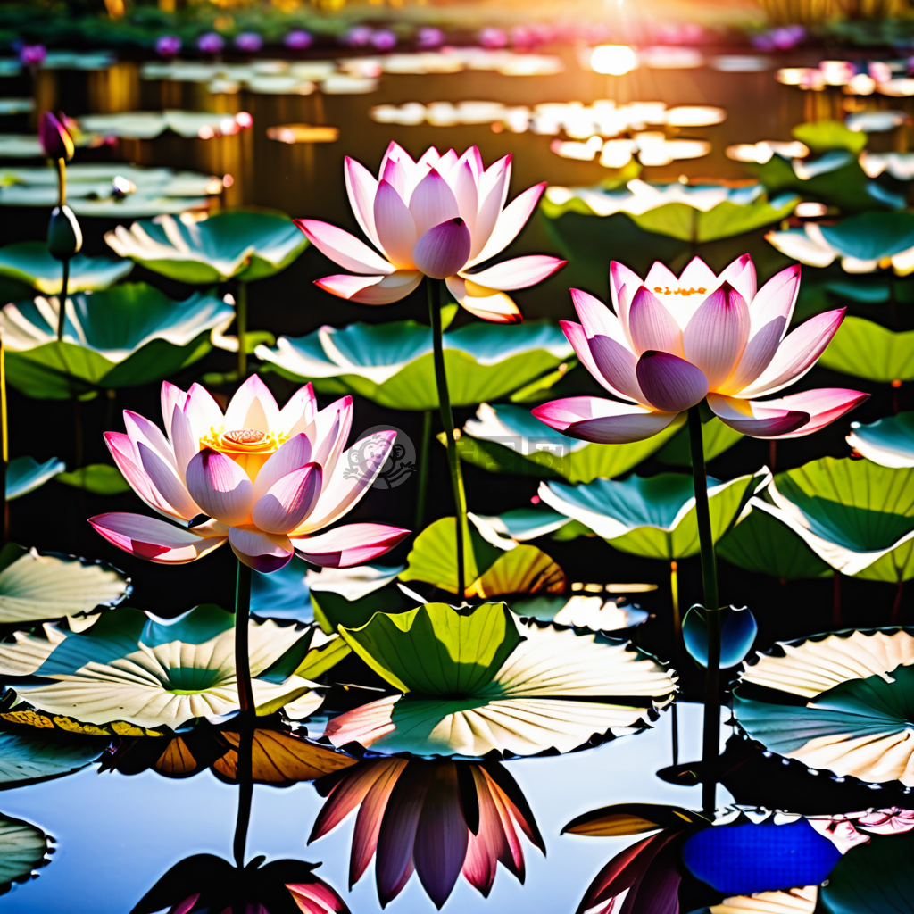 晨光映照静池，莲花盛开如画