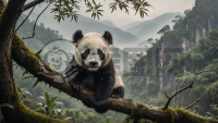 迷雾中的顽皮熊猫幼崽探险记