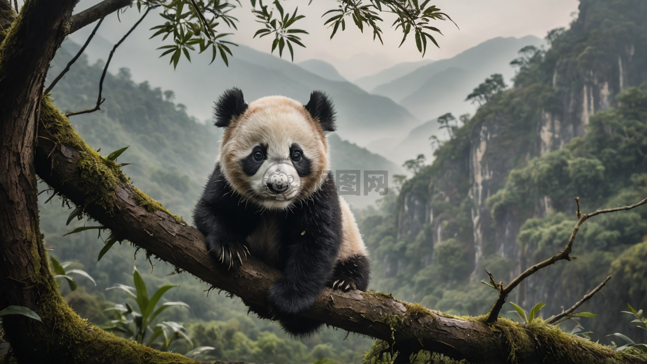 迷雾中的顽皮熊猫幼崽探险记