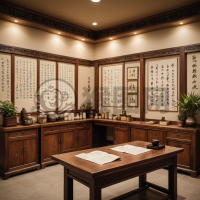 《现代传统中药诊所内部照：木质家具与草药壁画》