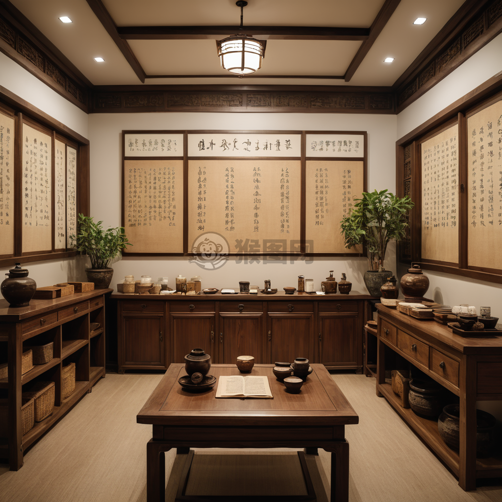 现代传统中医诊所内部照片：木质家具与古代医书之美