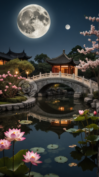 月下园中石桥莲，古园细景真如画。